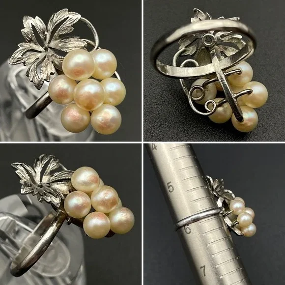 Vintage Silver Demi Parure Japan Akoya Pearl Grape Cluster Brooch Earrings Ring - Picture 5 of 7